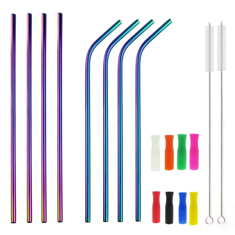 JIEFU 12 Inch Colorful Stainless Steel Straws, 8pcs Ultra Long Reusable Rainbow Color Metal Drinking Straws with Silicone Tips and Cleaning Brush for Big Tumblers - Image 1